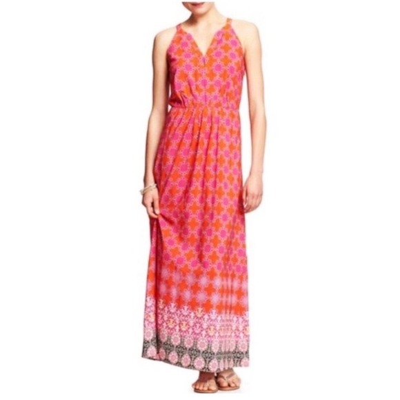 Banana Republic Dresses & Skirts - Banana Republic Orange Pink Geometric Maxi Dress Sleeveless V-Neck Size 10
